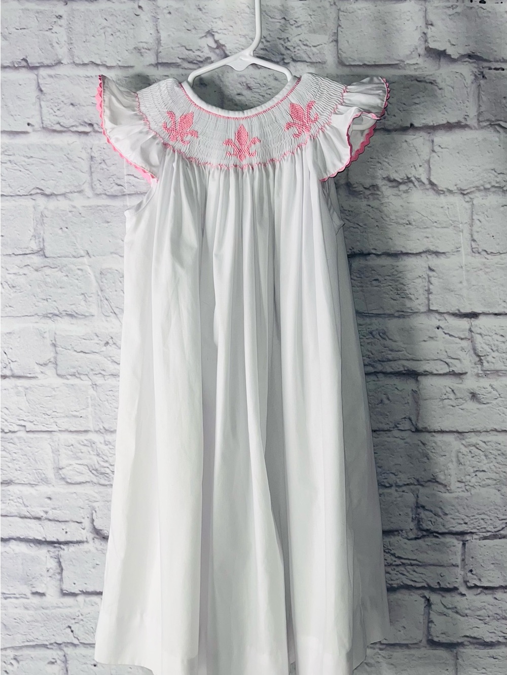 Girls White Dress with Pink Embroidered Yoke Stitched and smocked 3T